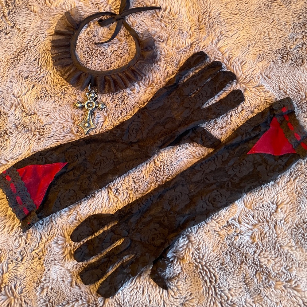 Halloween.  lace gloves and cross choker .